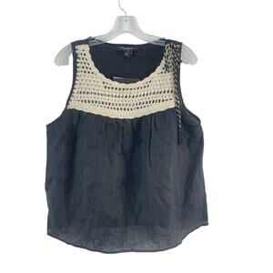Andrew Marc Black & Cream Crochet Trim Women's Sleeveless Linen Blouse, L, NWT
